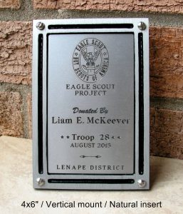 Eagle Scout project plaque, 4x6", screw mount, Engraved for vertical mount, Black plaque trim / natural insert