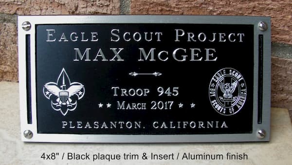 Eagle Scout project plaque, 4x8", screw mount, black trim/insert