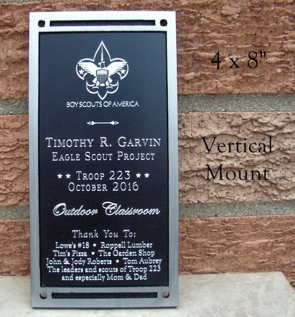 Eagle Scout project plaque, 4x8". Screw mount, engraved for vertical mount